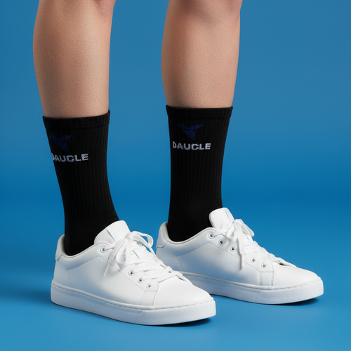 Black blue logo Daugle socks blue background