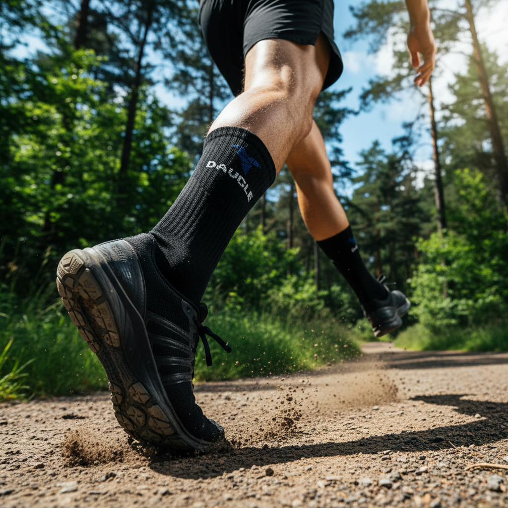 Black blue logo Daugle socks outdoor action dynamic