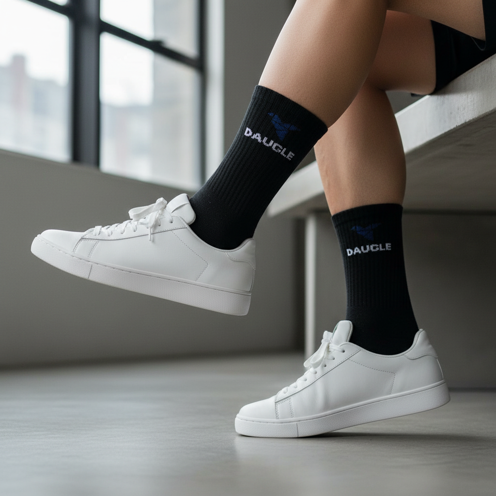 Black Daugle socks blue logo white text premium lifestyle