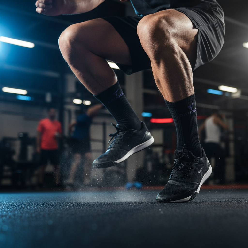 Black Daugle socks purple logo athletic action