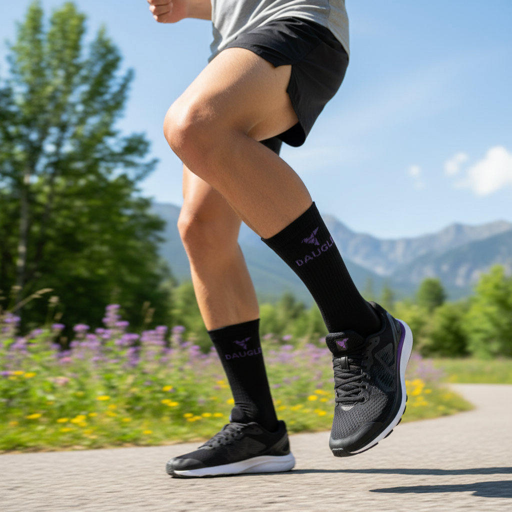 Black purple logo Daugle socks running action shot