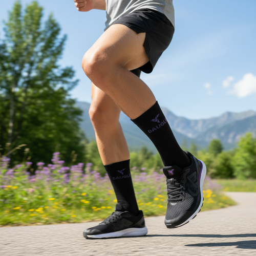 Black purple logo Daugle socks running action shot