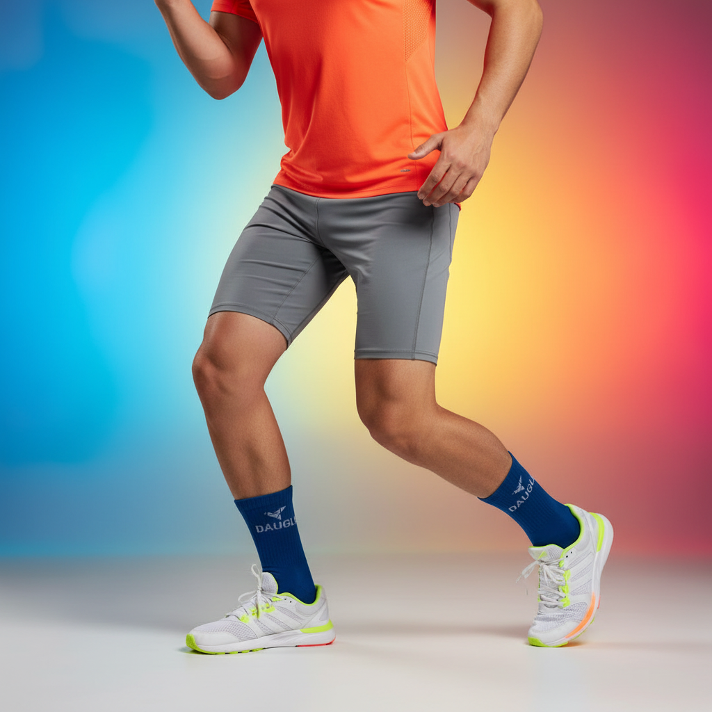 Blue Daugle socks lifestyle with athletic shoes