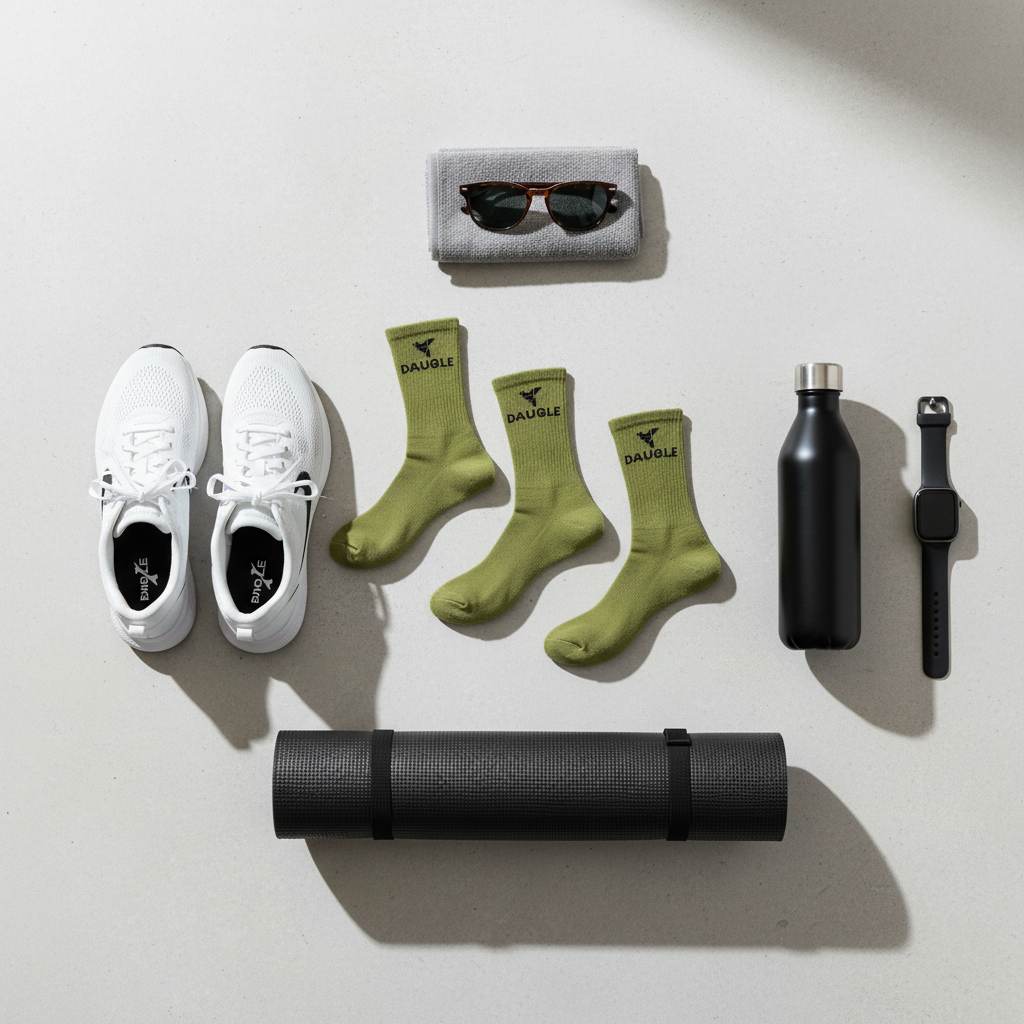 Daugle olive socks flat lay with athletic gear