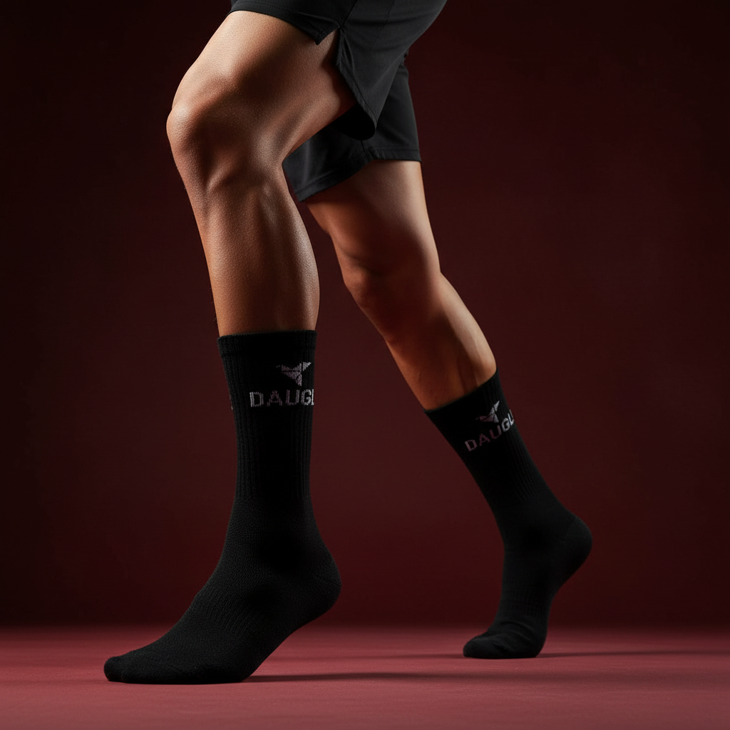 Person athletic pose black Daugle socks dark maroon background