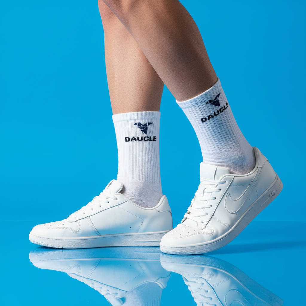 White Daugle socks bright blue background lifestyle