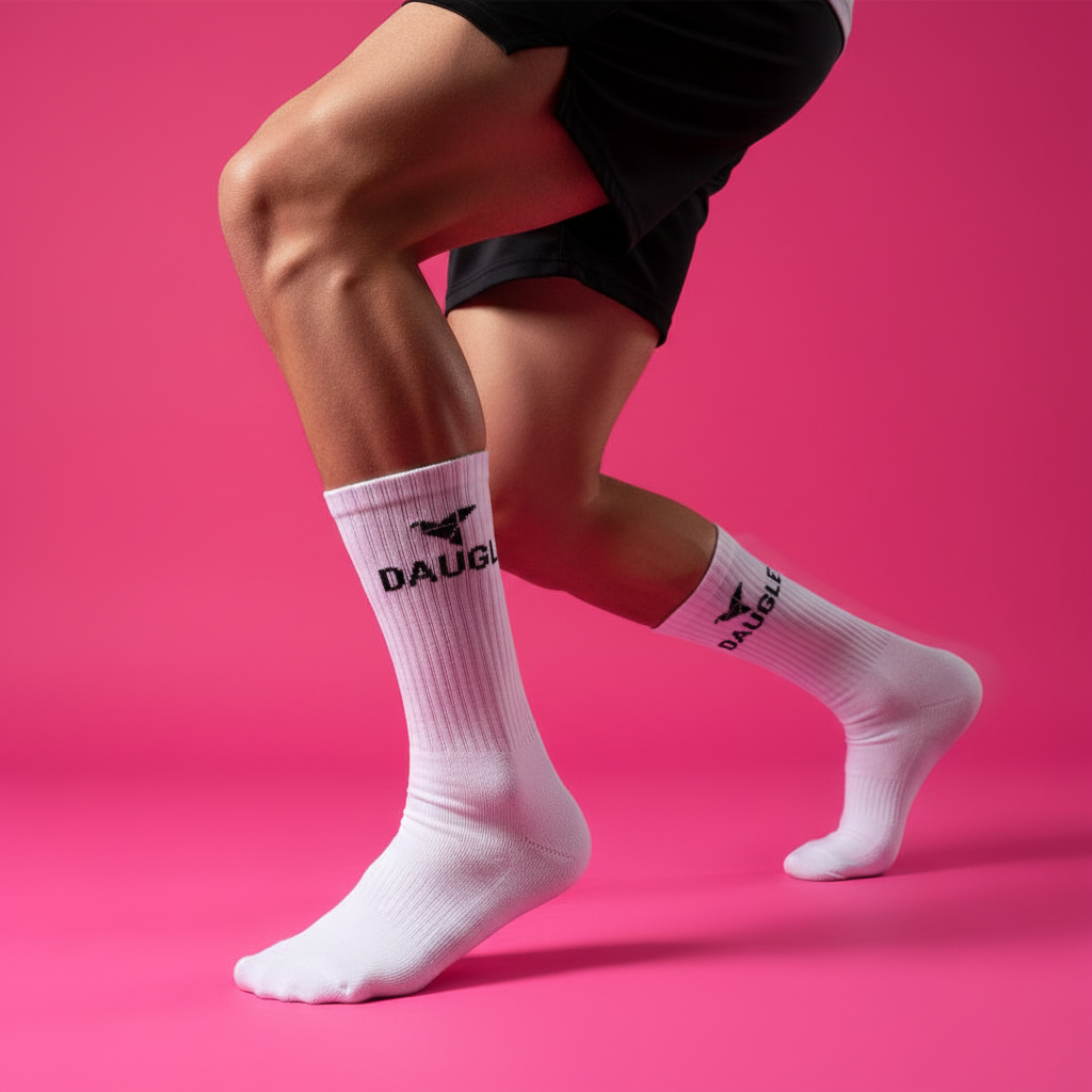 White Daugle socks bright hot pink background