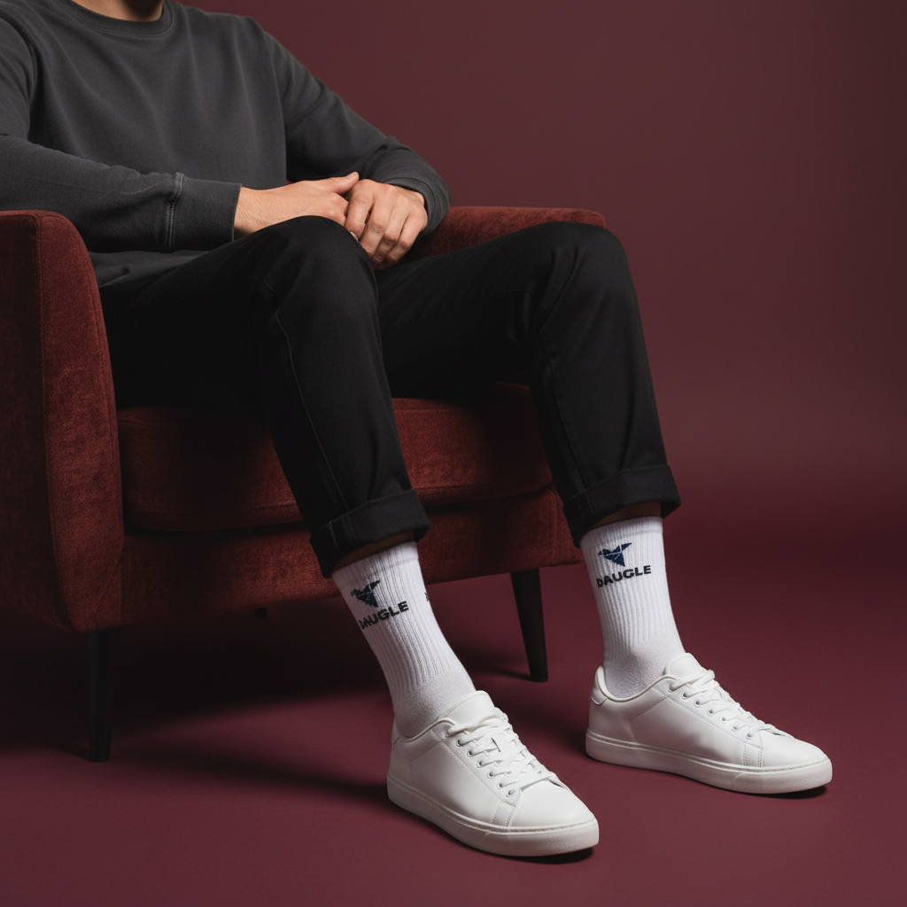 White Daugle socks dark red background casual sitting