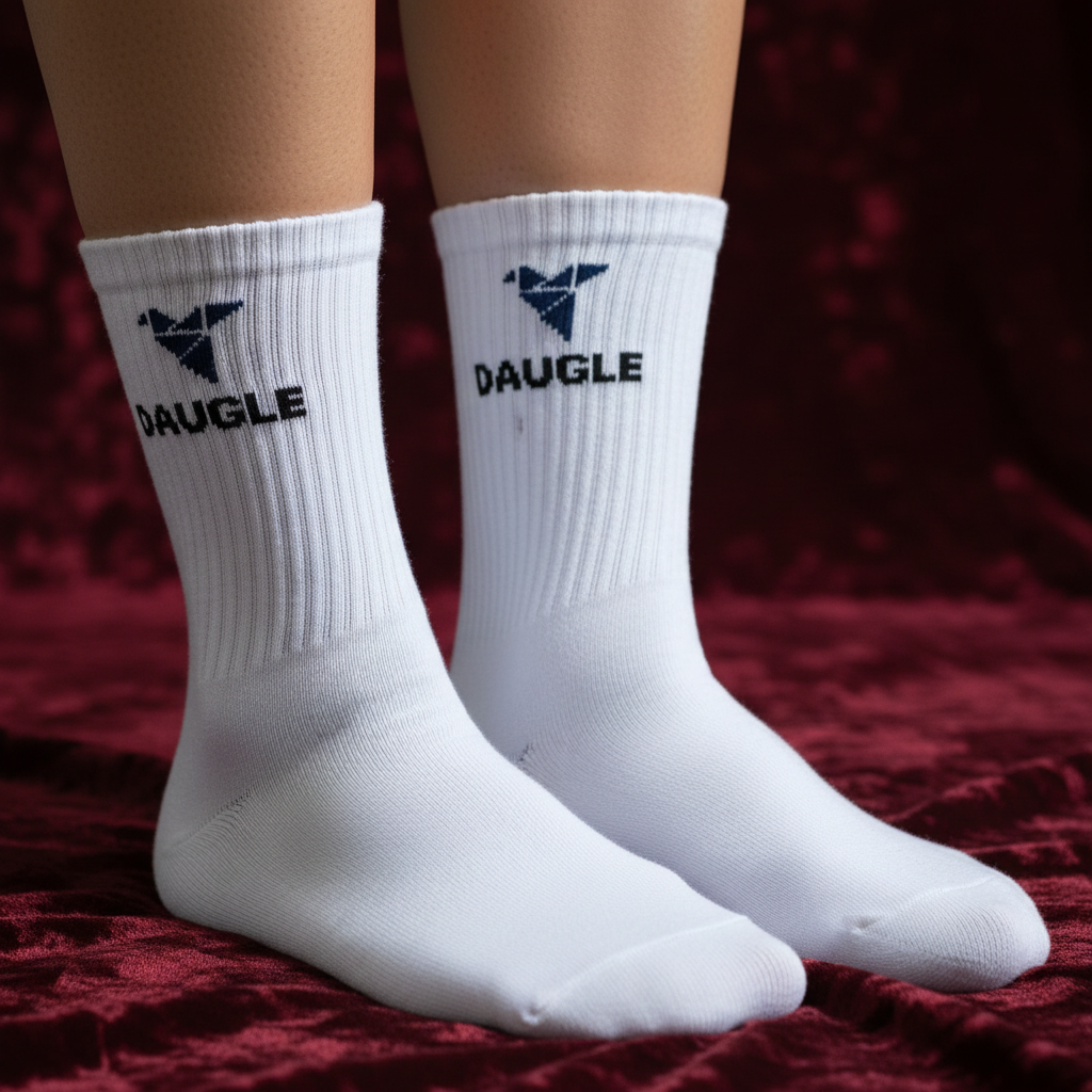 White Daugle socks dark red background detail closeup