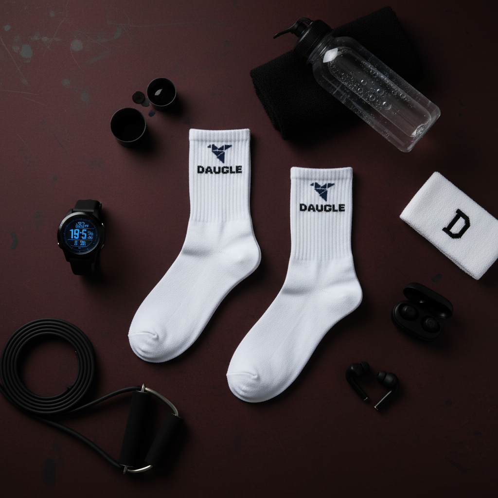 White Daugle socks dark red background flat lay