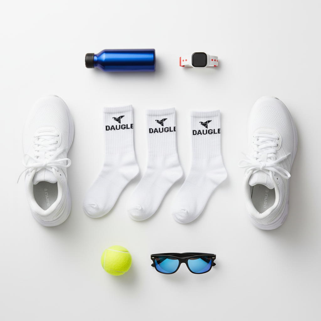 White Daugle socks premium flat lay composition