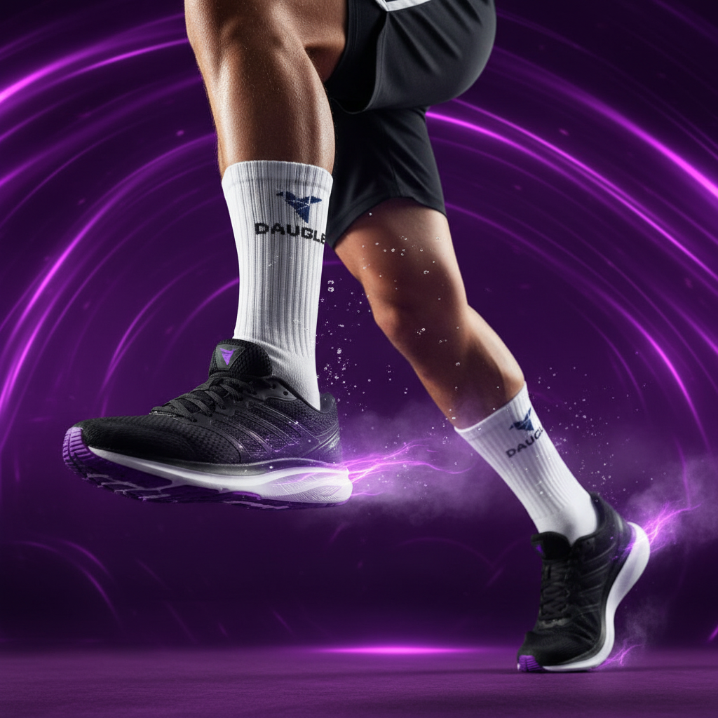 White Daugle socks purple violet background action