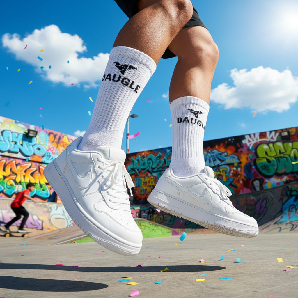 White Daugle socks with bright blue sky background