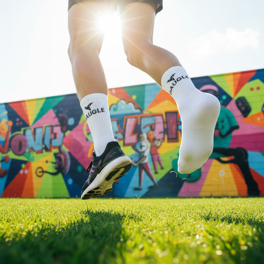 White Daugle socks with vibrant green or colorful wall